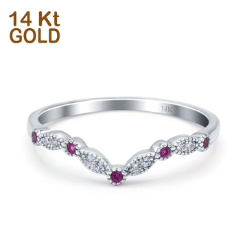 14K White Gold Curved Marquise Half Eternity Stackable Ring Simulated Ruby CZ Size-7